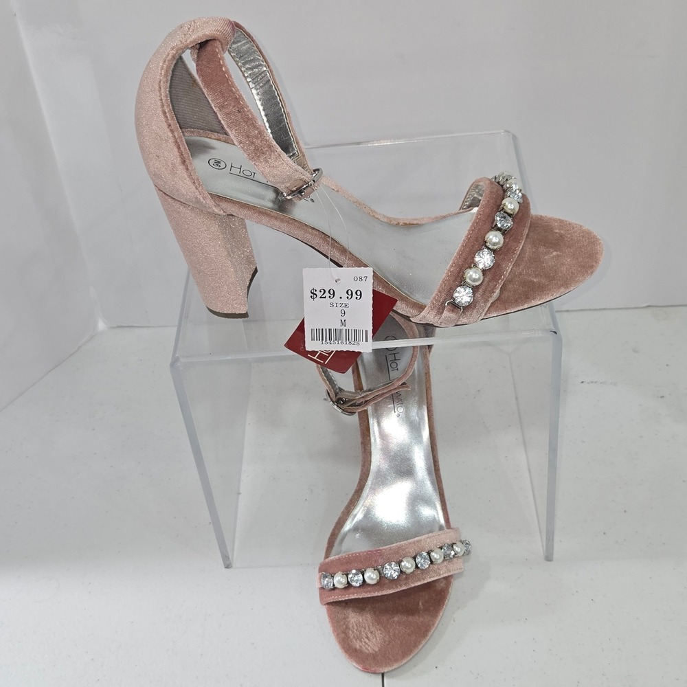 Hot Tomato Perla Pink Velvet Rhinestone Pearl Block Heel Sandals Size 9M 154516